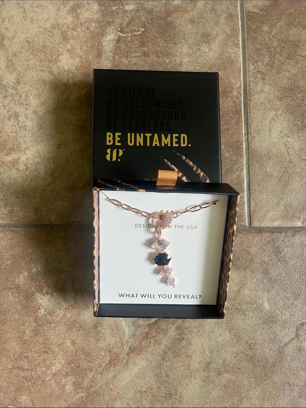 Rose Gold Pendant Necklace with Black and Clear Stones